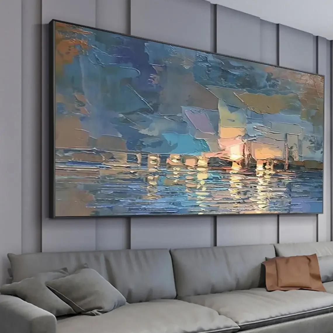 Large Abstract Sailboat Seascape Handmade Oil Painting on Canvas  Textured Blue Ocean Landscape Wall Art for Home Decor