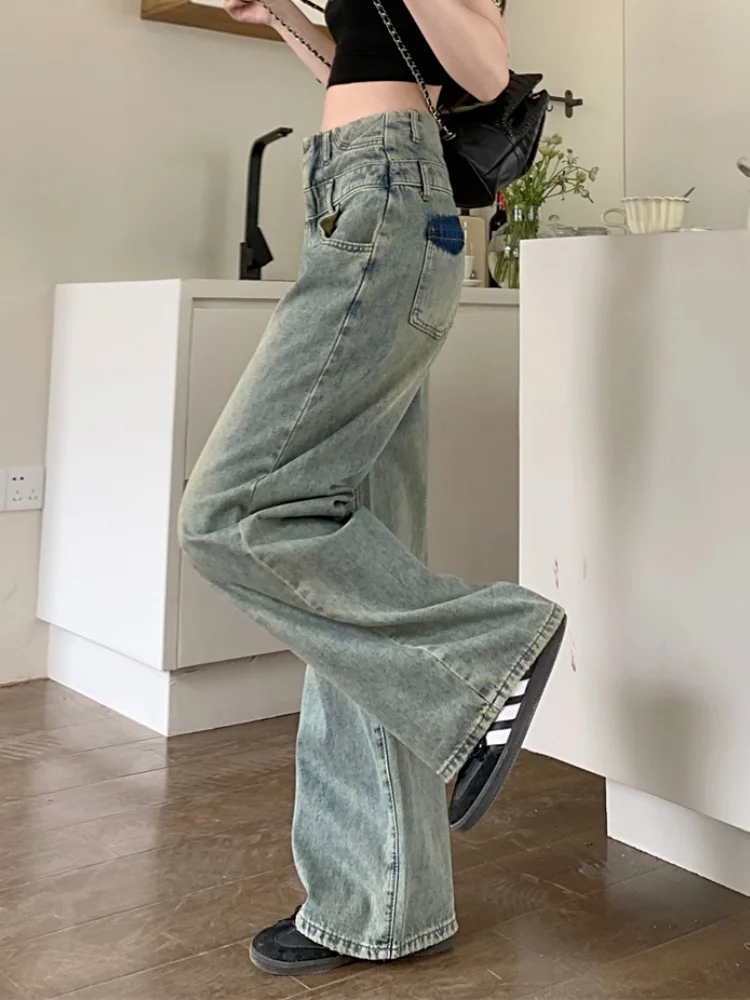Eleganckie damskie spodnie z szerokimi nogawkami, wygodne, nowość, długie do podłogi, luźny krój, wyszczuplające jeansy, spodnie z wysokim stanem.