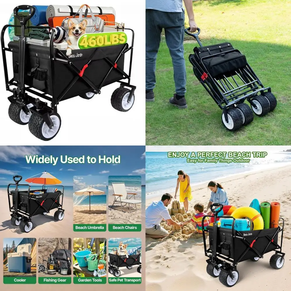 Carro de playa plegable y resistente con capacidad de 460 libras, carrito de supermercado de jardín de utilidad de 300 L, ruedas grandes todo terreno para Ou