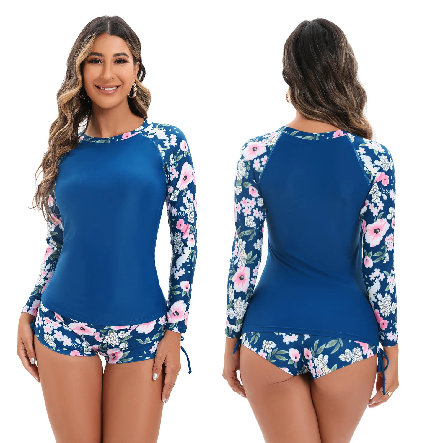 Women Two Piece Rash Guard Long Sleeve Swimsuits Sun Protection Sport Wetsuit Swim Shirt Bathing Suit with Boyshort Bottom