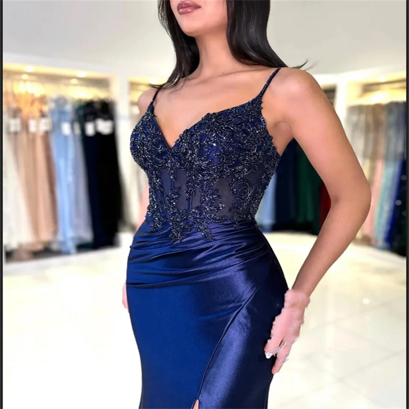 الأزرق الداكن مساء اللباس المرأة الدانتيل زين الطابق طول الحمالات الزفاف الرسمي طويل ضيق مثير فستاين سهرة/فساتين الحفلات حزب مهرجان اللباس