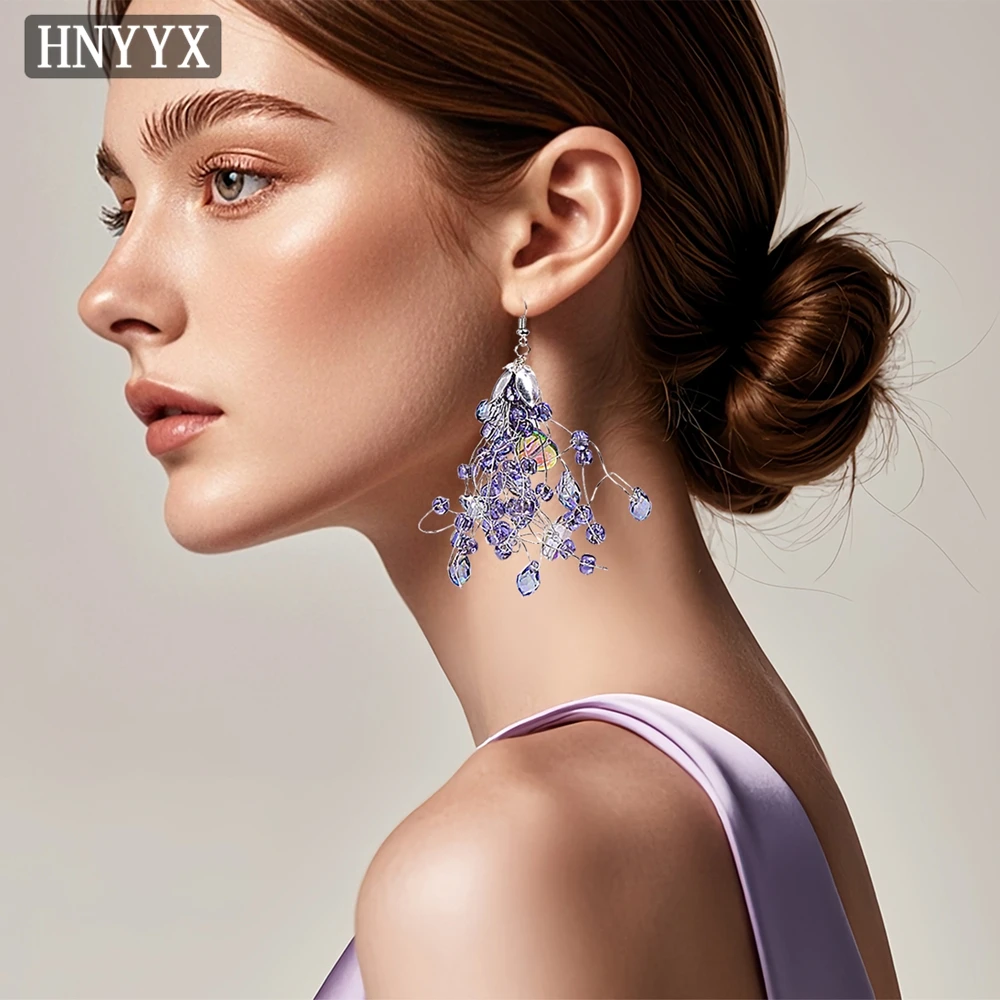 HNYYYX Korean Minimalist Crystal Earrings Romantic Purple Unique Long Earrings Fashionable Women Holiday Party Accessories B28