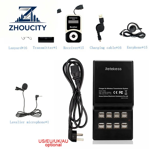 Wireless Tour Guide System 1 Transmitter 15 Receivers with 16 Port Charger Base for Tour Guide Simultaneous Translation Meeting