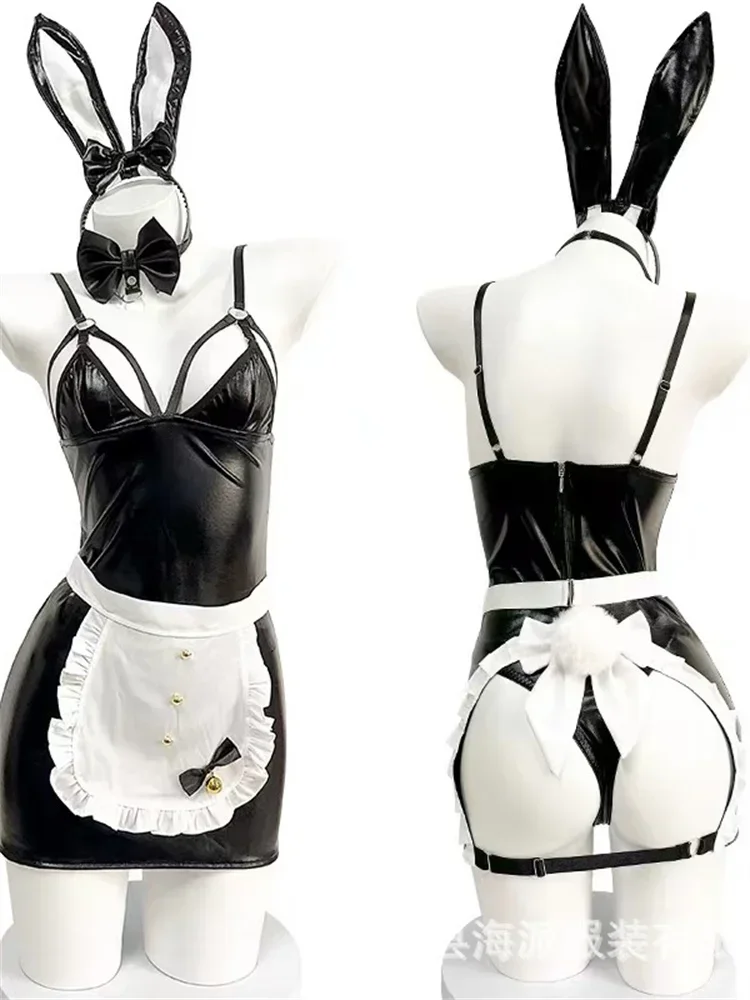 

Plus Size Women Patent Leather Bunny Girl Cosplay Button Open Chest Crotchless Maid Uniform Role Play Suit Expose Butt Lingeries