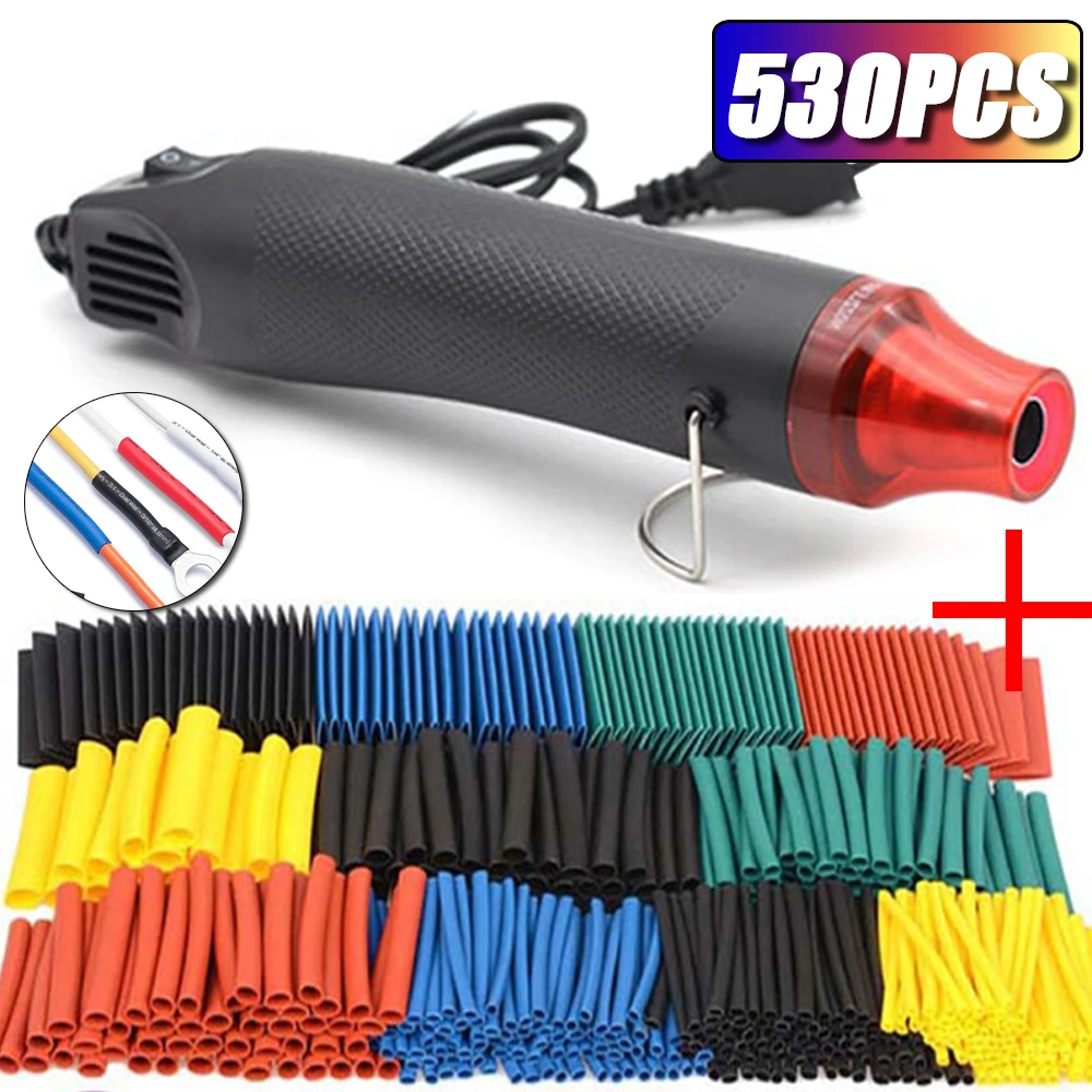 530/328/127pcs Heat Shrink Tube 2:1 Shrinkable Wire Shrinking Wrap Tubing Wire Connect Cover Protection with 300W Hot Air Gun