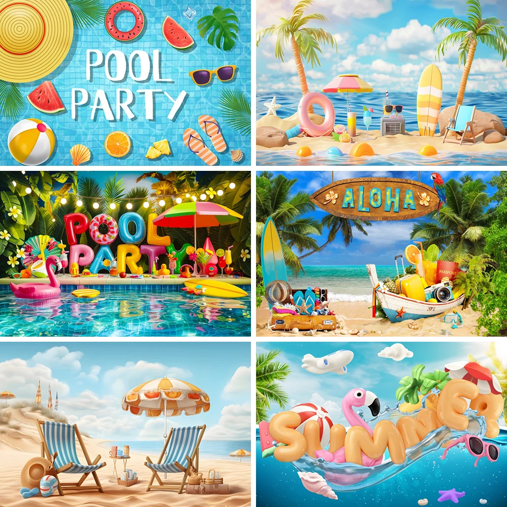 خلفية تصوير لحفلات حمام السباحة الصيفية على شاطئ البحر، خلفية عيد ميلاد سعيد، لافتة تزيين منطقة التصوير، دعائم استوديو الصور