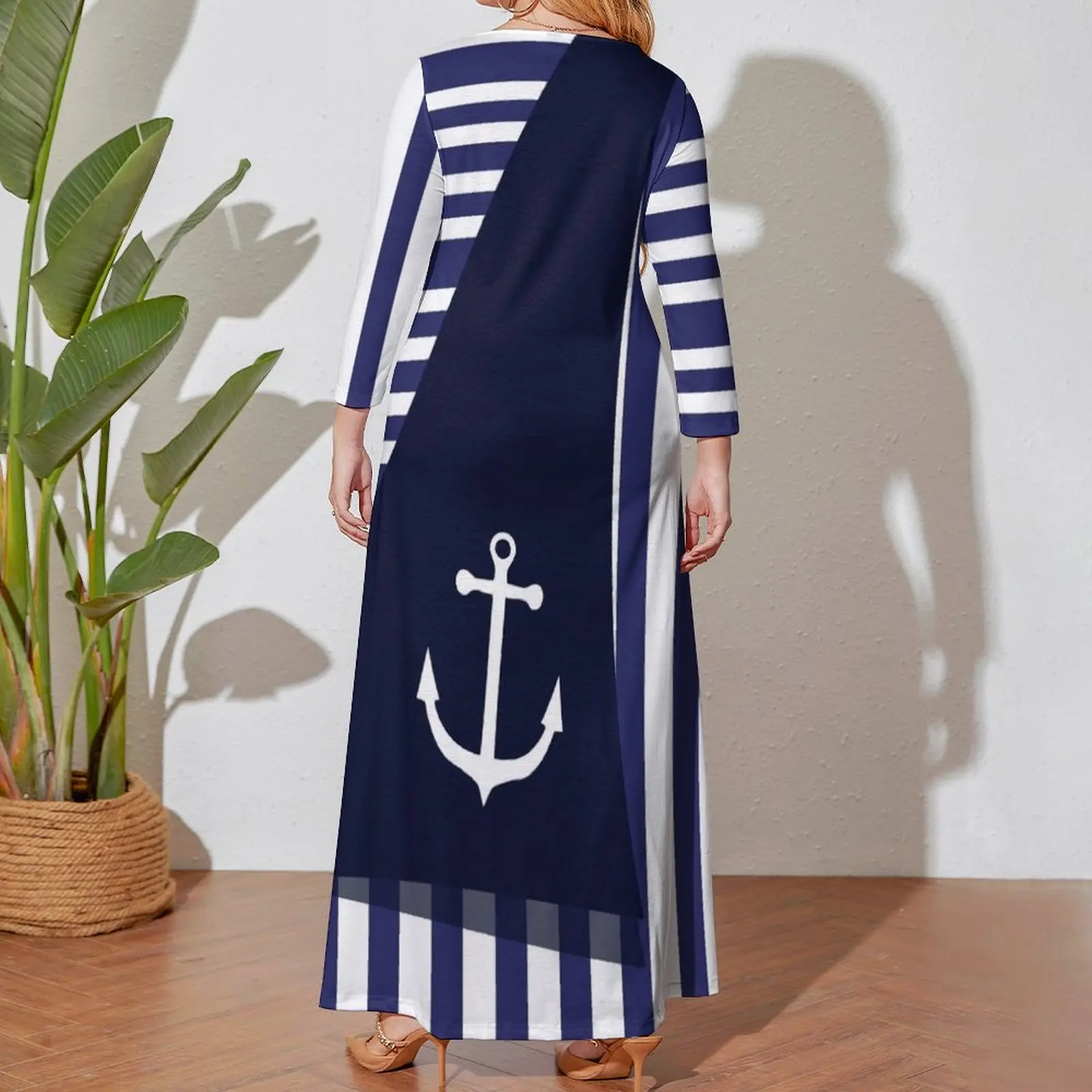 Vestido de manga larga con ancla para mujer, traje de noche, rayas de marinero, Verano