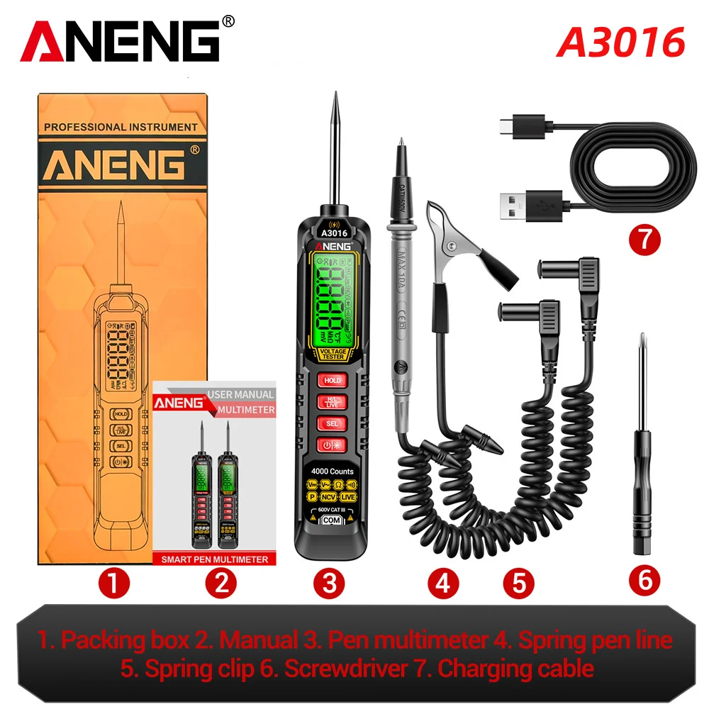 

A3016 Digital Voltage Tester ANENG Non-Contact Induction Multimeter 4V-600V Voltmeter Car Maintenance Circuit Detector Pen