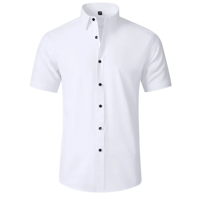 8XL Solid Color Work Shirt Men Short Sleeve White Causal Micro Stretch Anti-Wrinkle Formal Business Black Formal Shirts for Men