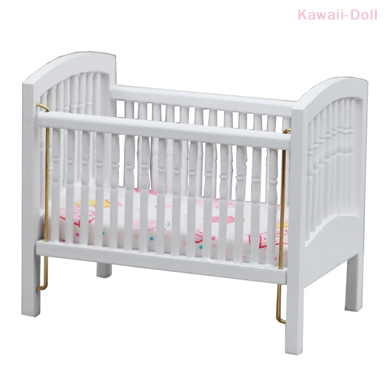 سرير مصغر أبيض سرير أطفال سرير أطفال نموذج 1:12 أثاث غرفة نوم دمية ديكور لعبة ملحقات بيت الدمية
