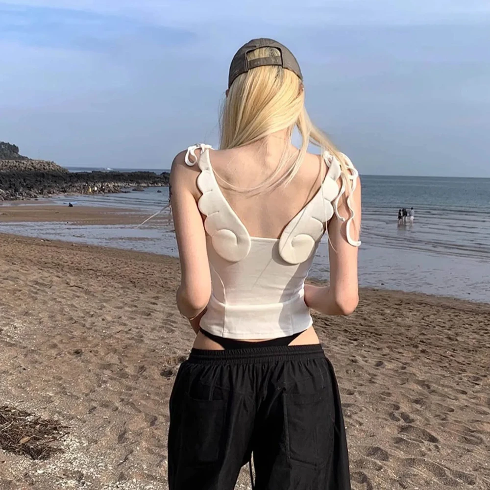 

Trend Unique Sweet Aura Fairy Angels Wings Cute Creative 2000s Cropped Sleeveless Backless Breathable Tops Slim Suspenders Tanks