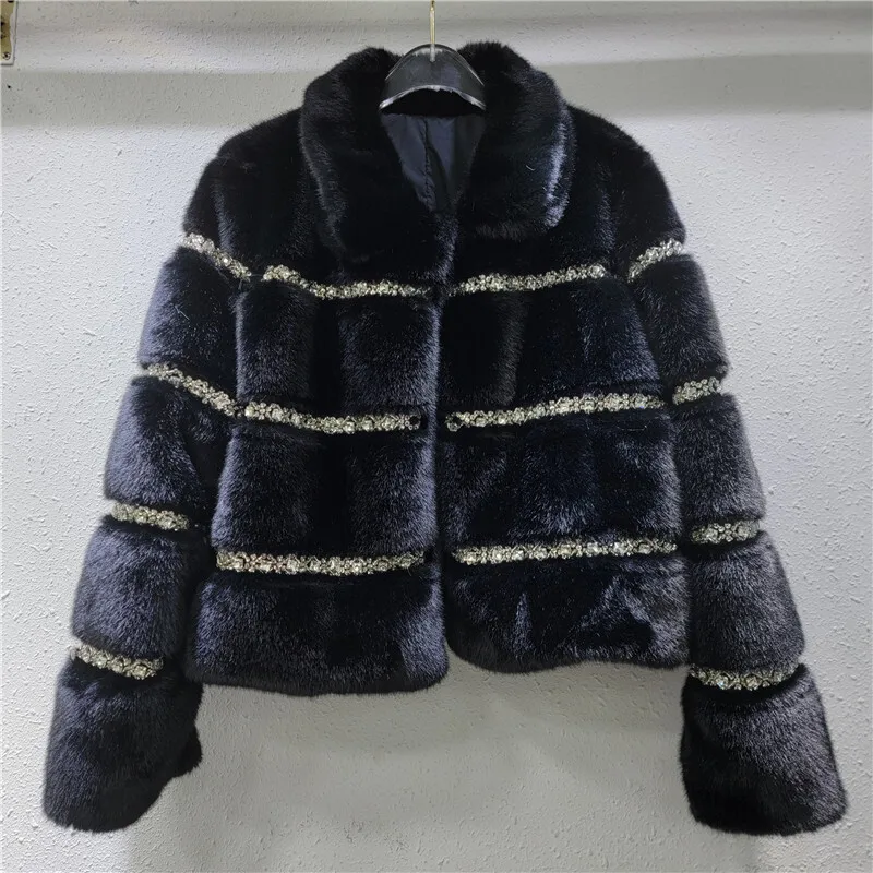 WTHT delle Nuove Donne di Modo A Righe Diamanti Cappotto di Pelliccia Finta 2024 di Inverno Alla Moda Risvolto Maniche Lunghe Giacca Calda Femminile 1LS503