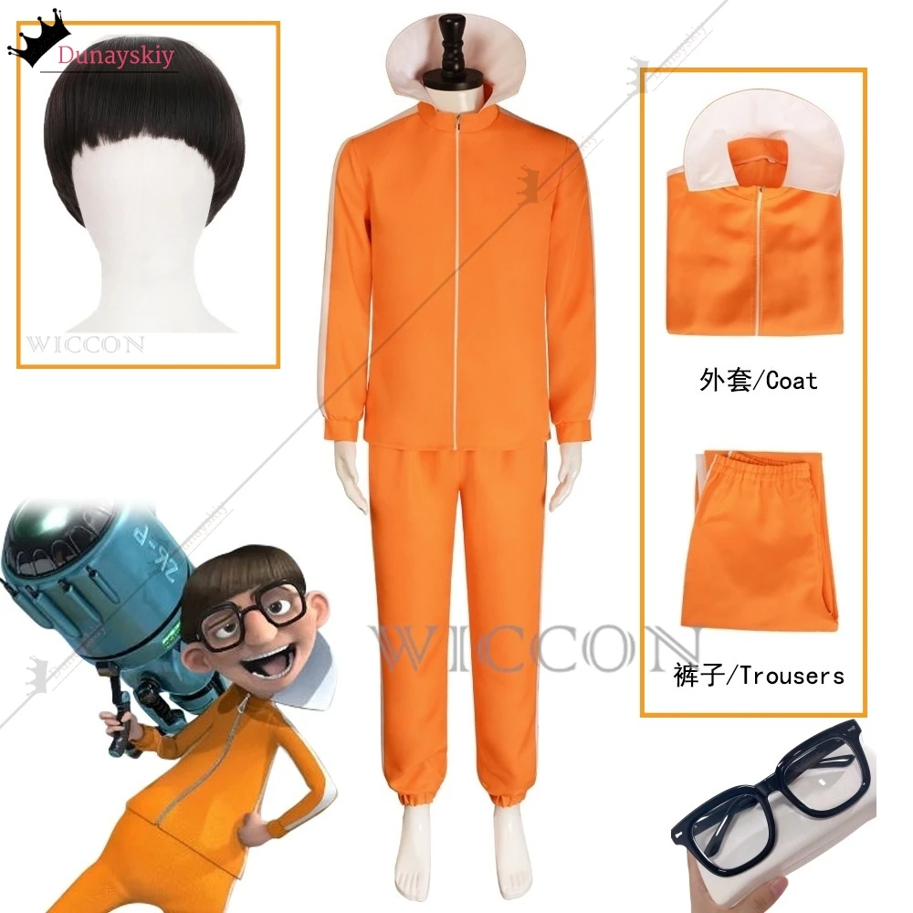 Movie Vector Cosplay Costume Orange Jakect Pant Outfits Set Mushroom-shaped  Wig Halloween Fancy Suit Party Suit