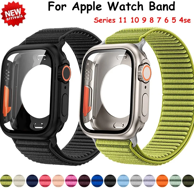 Nylonarmband + Hülle für Apple Watch Serie 11 10 46 mm 9 8 7 41 mm/45 mm Glas + Vollabdeckung Bumper für Iwatch 6 5 4SE 44 mm 40 mm Armband