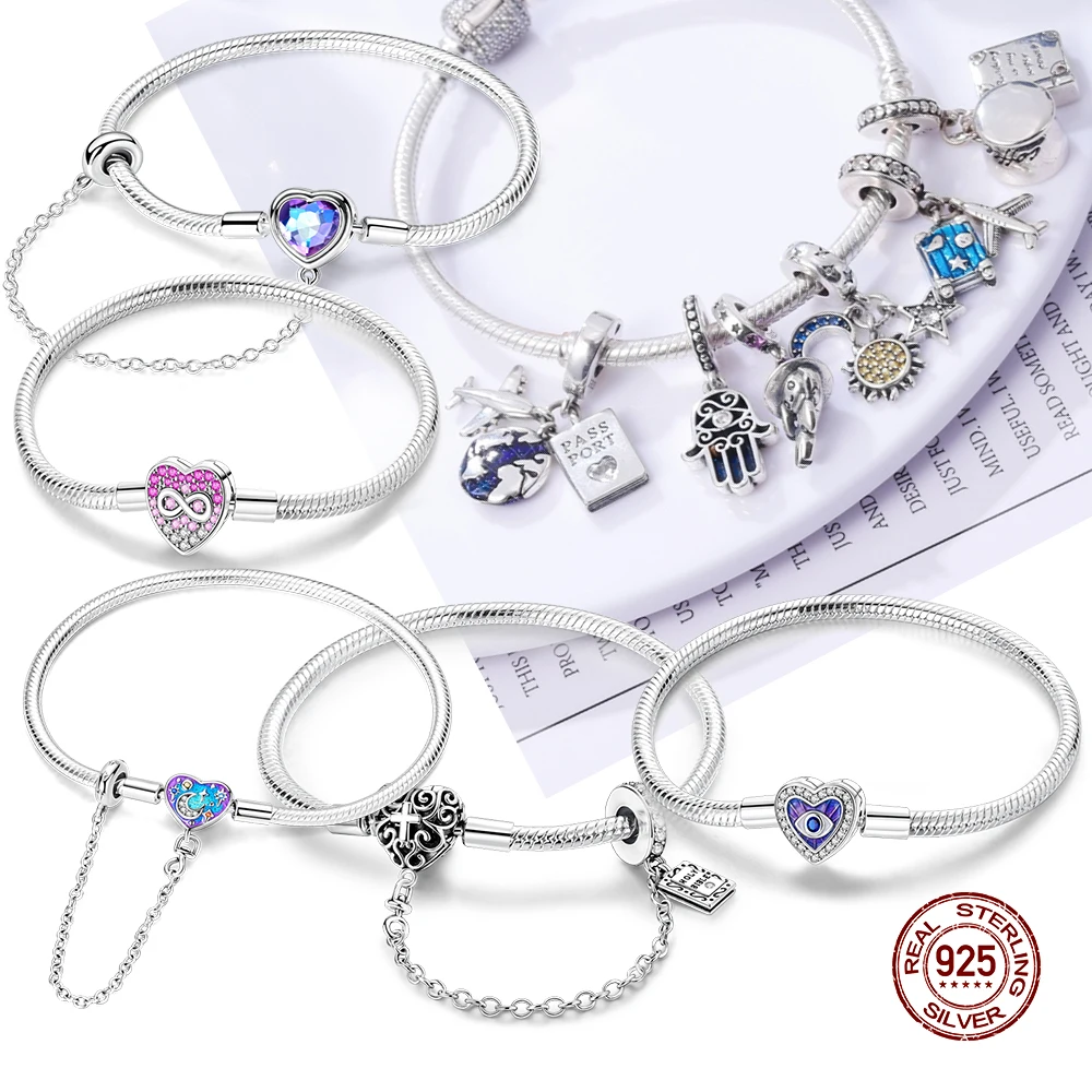 Pulseras de plata de ley 925 de 17-20CM, pulsera Original con forma de corazón, compatible con abalorios DIY, joyería de moda para mujer