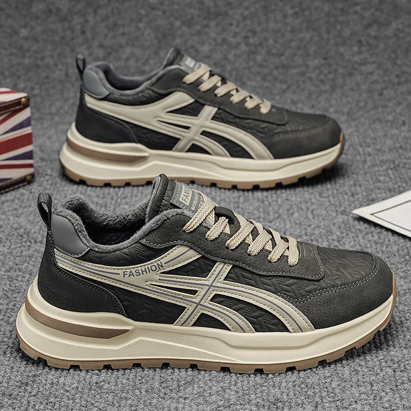 Men Winter Warm Sneakers Thick Plush Lined Casual Shoes Faux Suede Spliced Chunky Sole Retro Joggers For Cold Weather