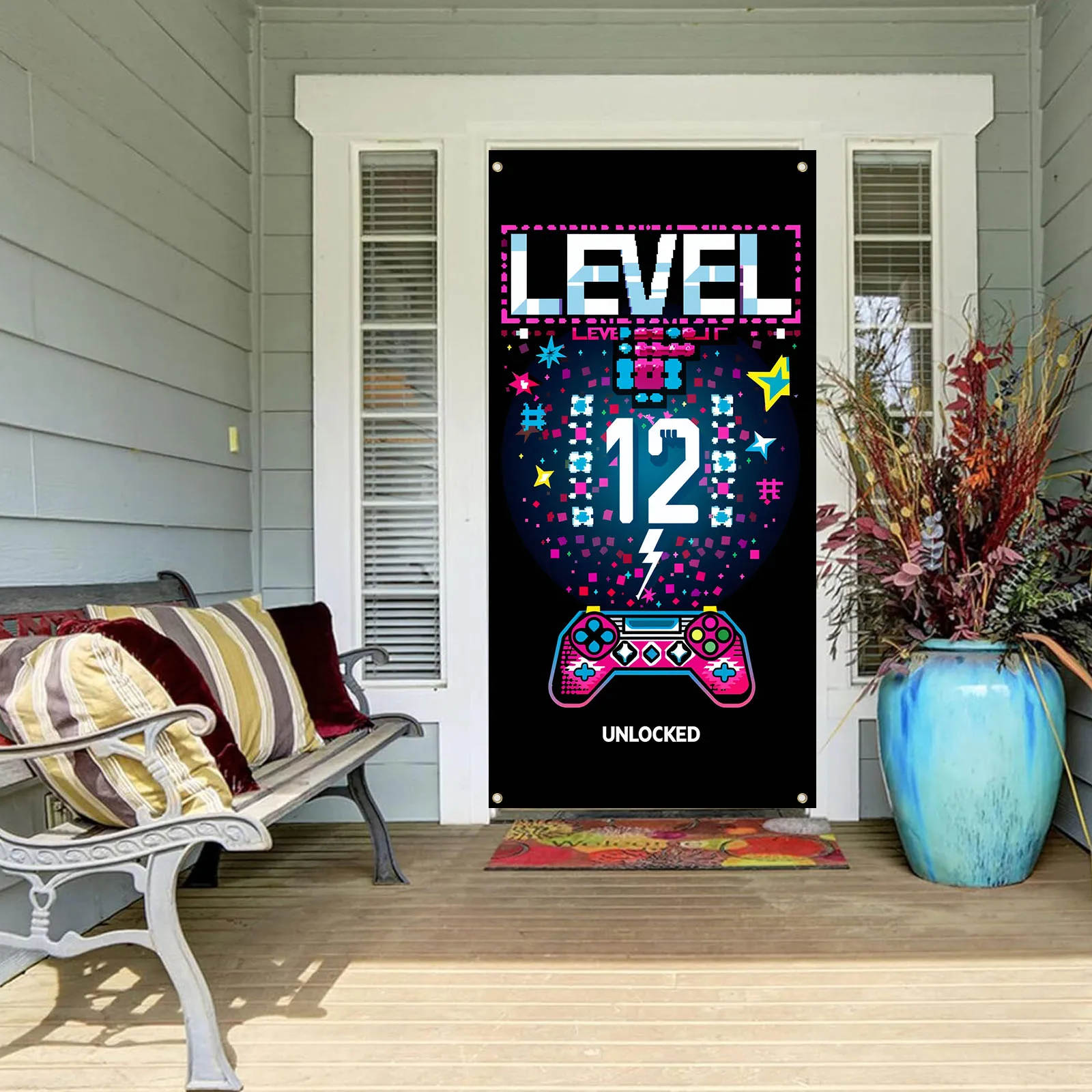 70×35 inch Level 12 Unlocked Birthday Banner 12th Birthday Decorations for Boys 12th Video Game Birthday Decor