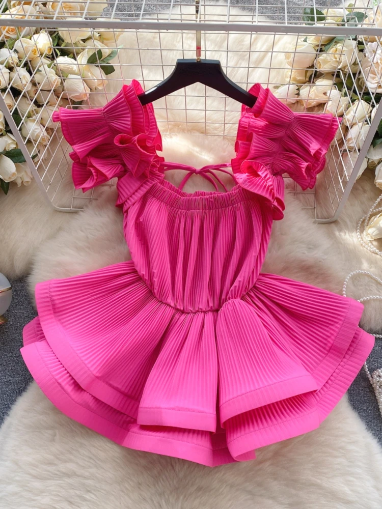 2024 Blouses Women Crop Ruffles Tops Square Collar Flare Sleeve Pleated Sweet Shirts Summer Camisas De Mujer Bandage Sweet Tops