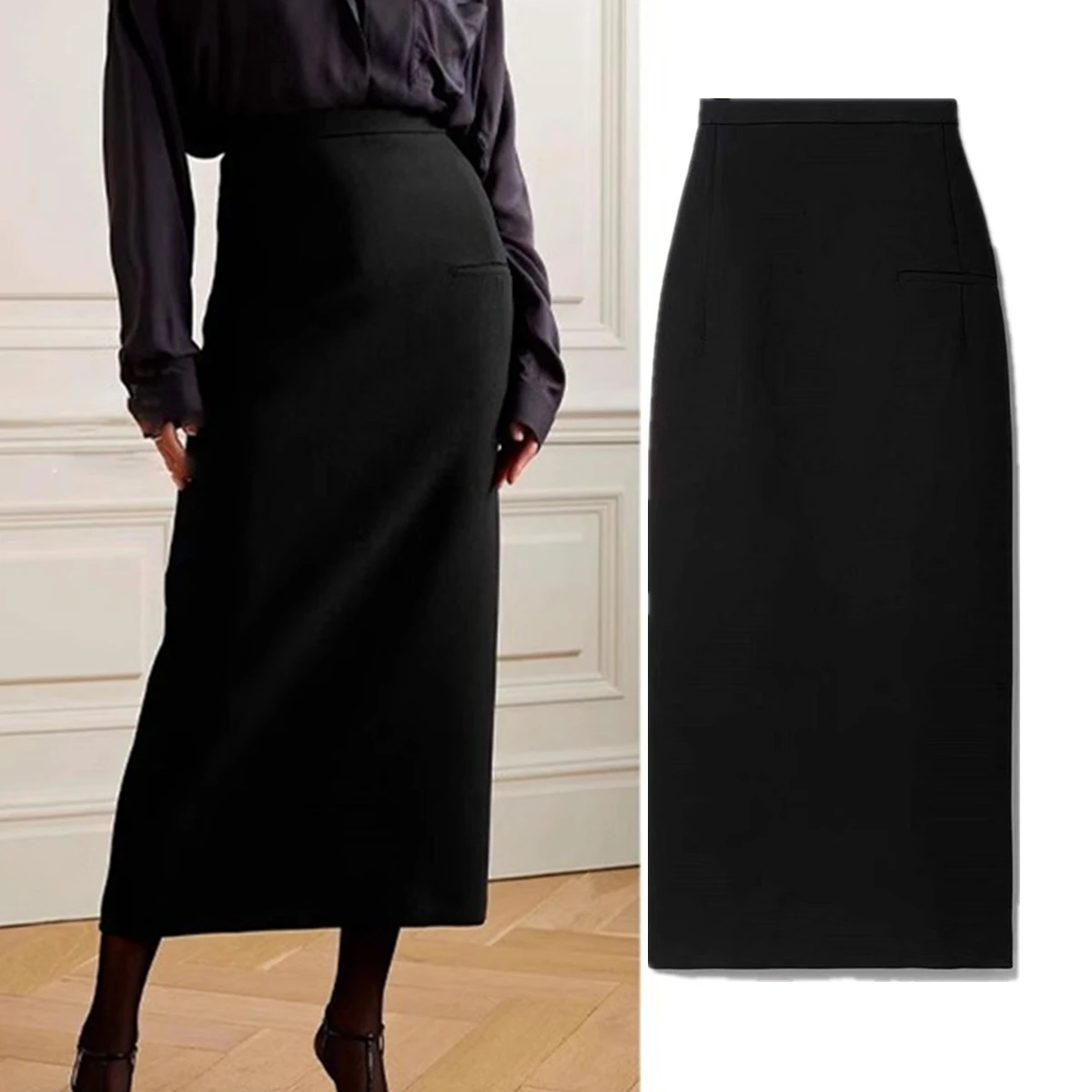 

Maxdutti Minimalist French Commuting High Waisted Wool Midi Skirt Black Wrap Skirt Niche Slim Fit Woman Clothing Faldas Skirts