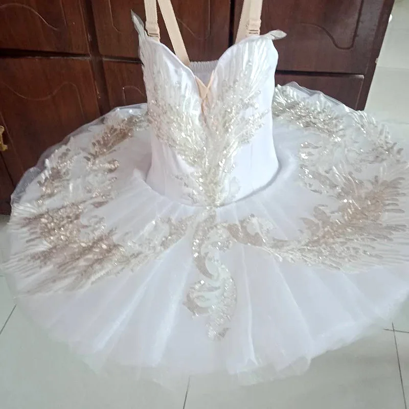 Vestido de Ballet profesional para niñas y adultos, traje de bailarina de Lago de los Cisnes, tutú de panqueque, blanco