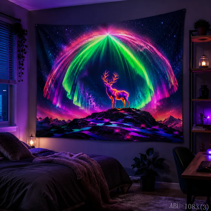 VIKAMA Neon Blue Purple Reindeer Standing Meteor Rain City Night Art Christmas Tapestry Bedroom Living Room Dorm Home Decor Cute