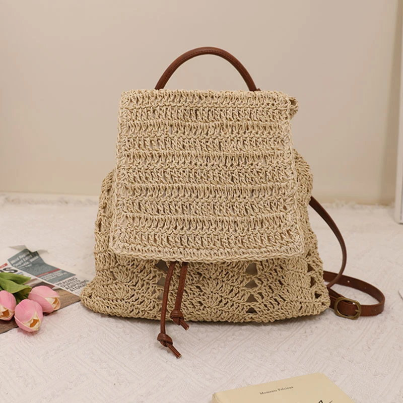 Damski plecak ze słomy Summer Boho Bohemian Hollow Shoulder Bag Hobo Crochet Woven Travel Bags for Women Knitted Beach Back Pack