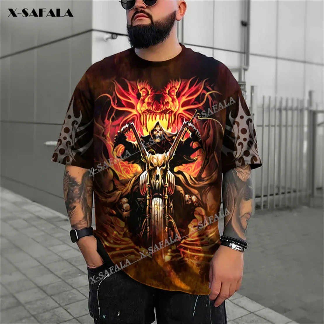 

Футболки с 3D-принтом Grim Reaper Ghost Rider Fire Skull, топы, футболки с коротким рукавом, повседневные хлопковые футболки с круглым вырезом для лета