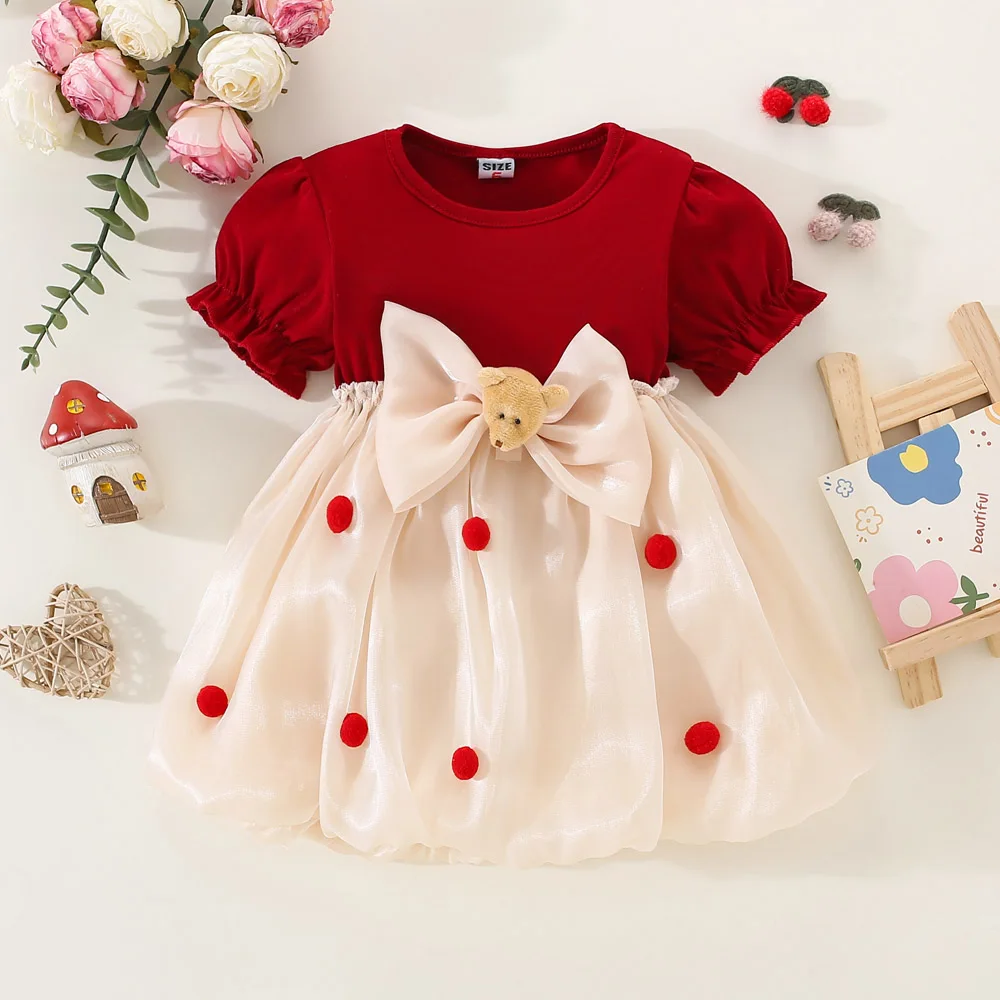 Summer 0-3 Girls\' Dress Baby Girl Bubble Sleeve Top Spliced Large Bow Mesh Fluffy Ball Sweet And Cute Dress