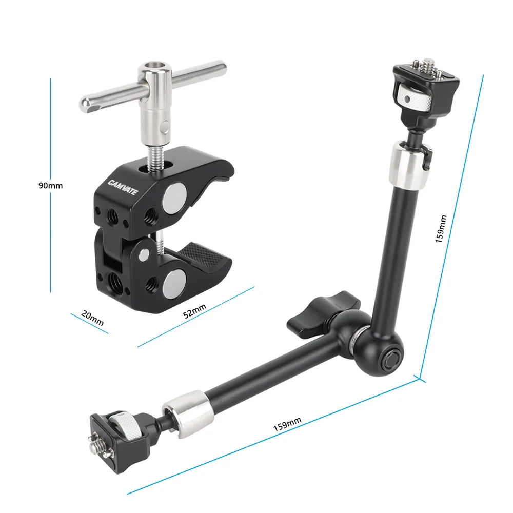 แขนจับกล้อง CAMVATE ขนาด 11 นิ้ว แบบปรับได้ + ตัวหนีบ Super Clamp พร้อมสกรูป้องกันการบิดขนาด 1/4-20 สำหรับแฟลช/ไฟ LED/ไมโครโฟน