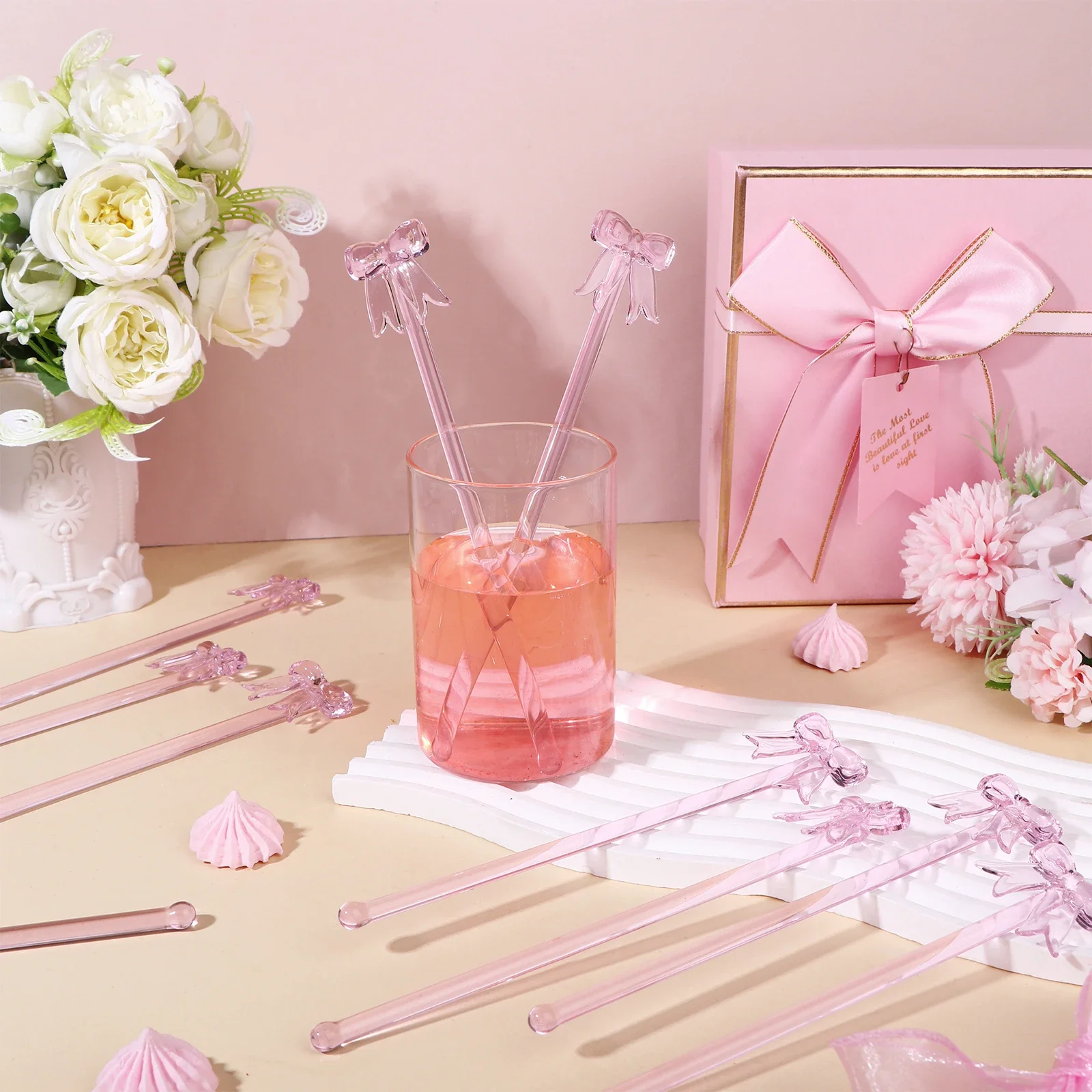 

Стеклянная палочка Swizzle, 20 упаковок, кофе, коктейль, сок, молочный напиток, палочка Swizzle, розовый бант, стеклянная мешалка 7,24 дюйма, для кокетных тематических напитков,