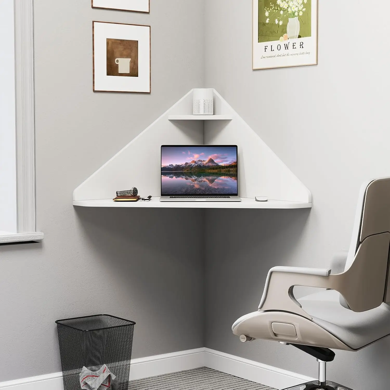 Floating Corner Desk Wall Mounted Triangular Computer Table With Open Storage Shelf For Small Space Apartment Bedroom Home Office Study Furniture, Modern Minimalist Style, Clean White, 1 Pack