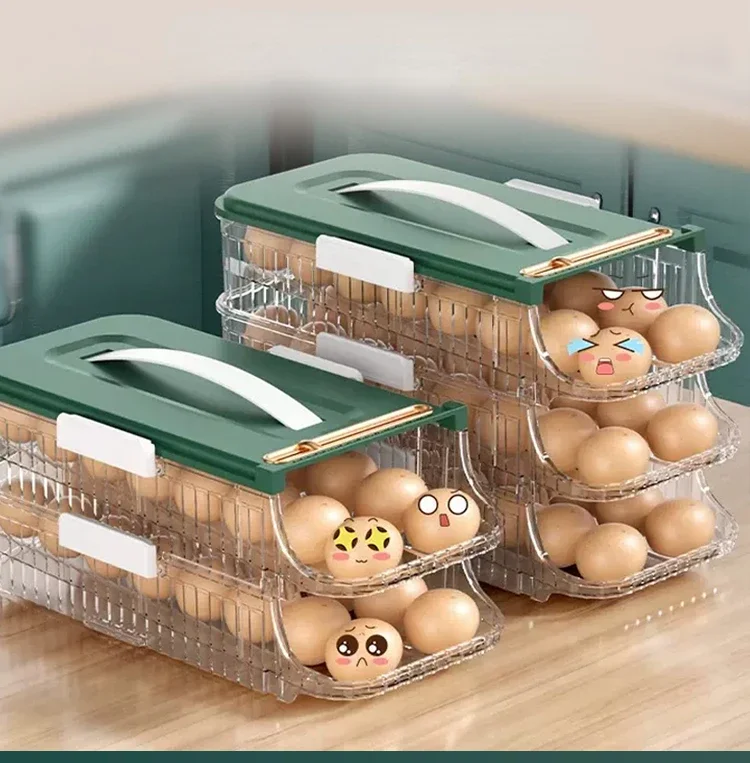 

Egg storage box A box for holding eggs for refrigerator. The side door of the anti-falling storage device automatically rolls