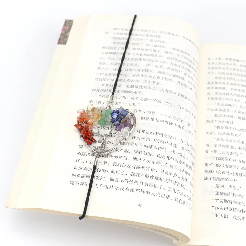 Silver Tree Of Life Heart Shaped Chakra Elastic Bookmark Gift Colorful Reiki Healthy Gravel Stone Mineral Crystal Bookmark