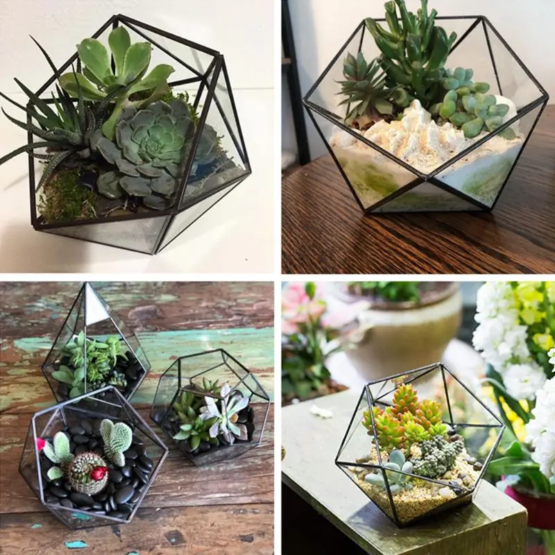 Szklane Terrarium schowek stojak na biżuterię, szklane geometryczne Terrarium Tabletop sukulenta Box sadzarka etui na uchwyt (czarny