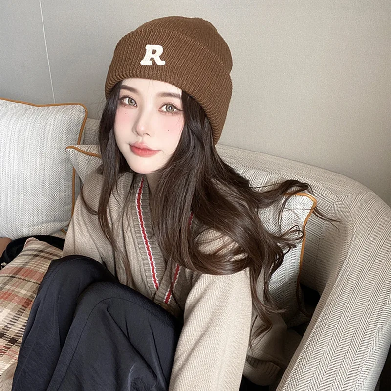 RICYGVM Fashion R-Letter Beanies For Women Winter Woolen Knitted Hat Korean Girl Warm Skullies Cap Solid Color Crochet Bonnet 모자