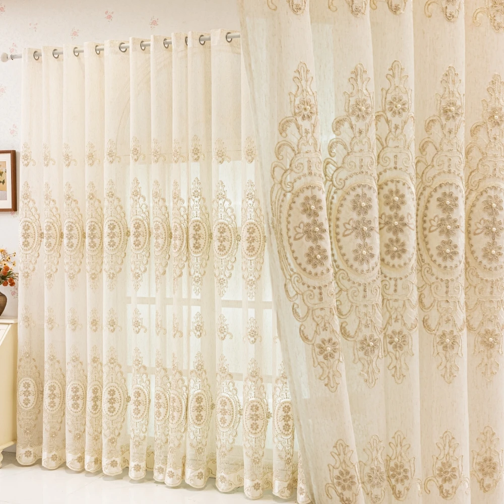 1pc European Vintage Embroidery Curtain, Beige Linen Texture Eyelet Drapes, Pearl Decor Semi Sheer Window Curtain for Living Roo