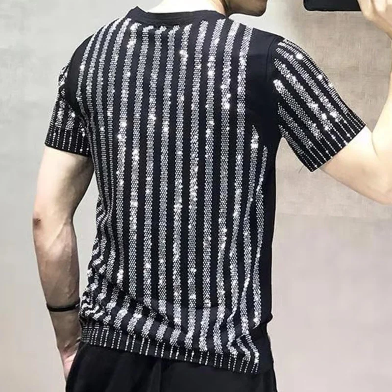 Black Fashion Diamond Rhinestone T-shirt Mens High Quality T Shirt Men Short Sleeve Streetwear Casual O-Neck Tee Shirt Homme