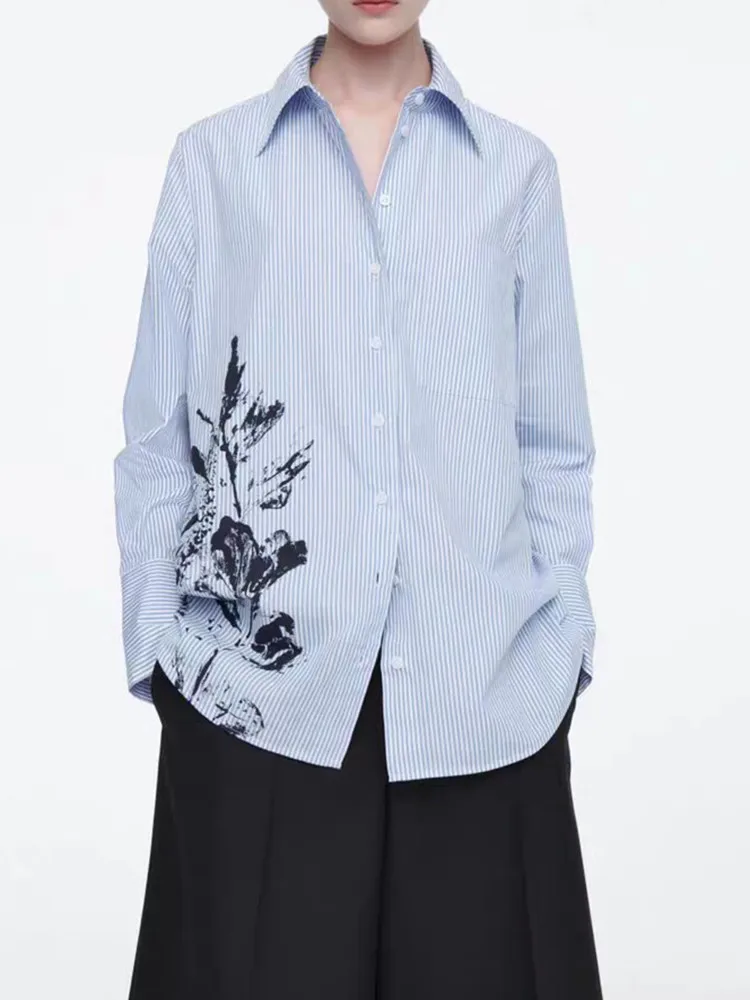 Autumn 2024 Women Floral Printed Shirt Long Sleeve Stripes Turn-Down Collar One Pocket Top Female Blue Blouse