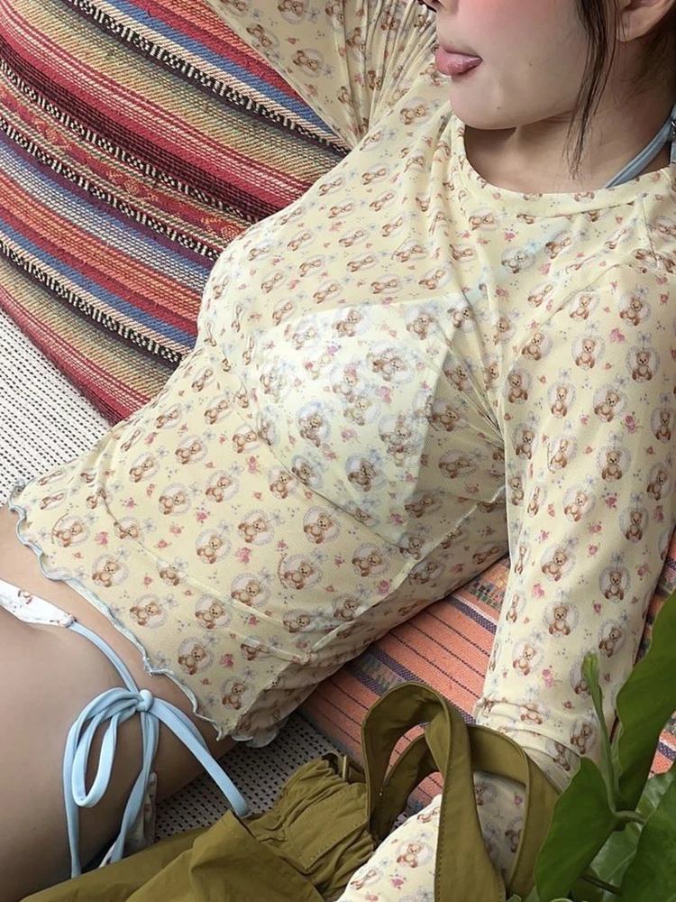 OIINAA Set bikini stampato donna O collo manica lunga copricostume gonna avvolgente dolce carino coreano primavera calda costumi da bagno estate 2025 nuovo