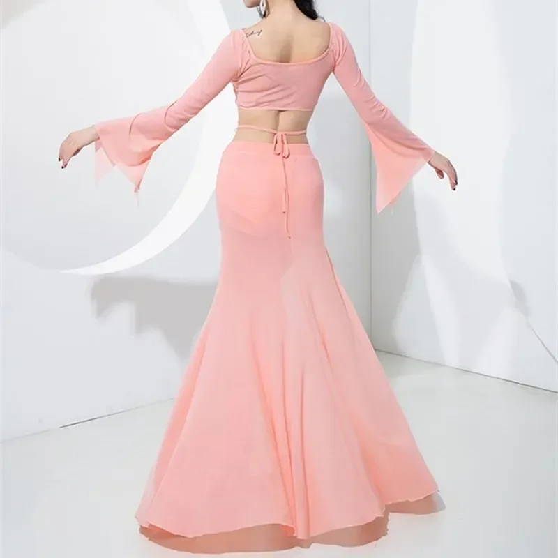 Vestidos de baile sexys para adultos y mujeres, Ropa de baile de gasa de hilo de agua, ropa de escenario de manga larga de 2 piezas, ropa de espectáculo de competición de danza del vientre