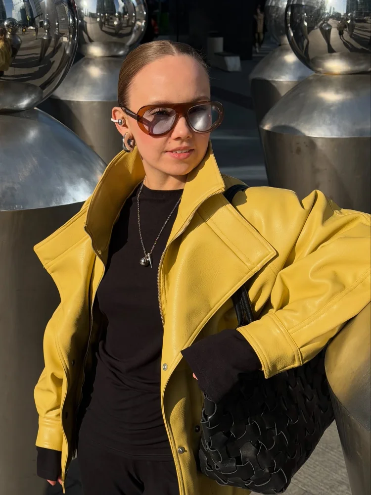 

Fashion Oversize High Neck Leather Jacket For Women Lantern Sleeve Lace Up Zipper Leather Coat 2026 New Lady Casual Streetwears