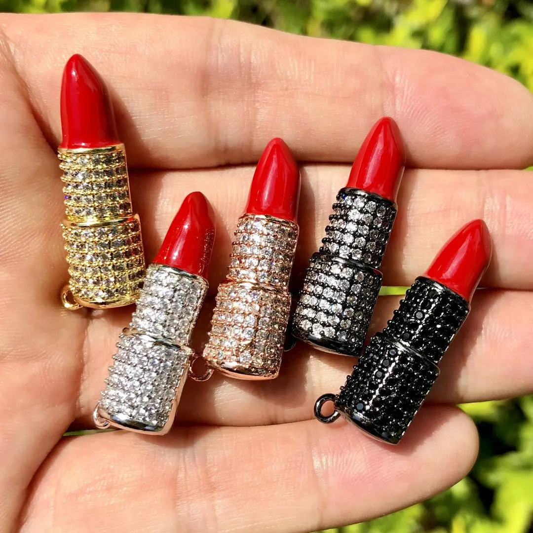 

5Pcs Cubic Zirconia Paved Red Lipstick Charms For Jewelry Making Woman Fashion Bracelet Necklace Handcraft Accessories