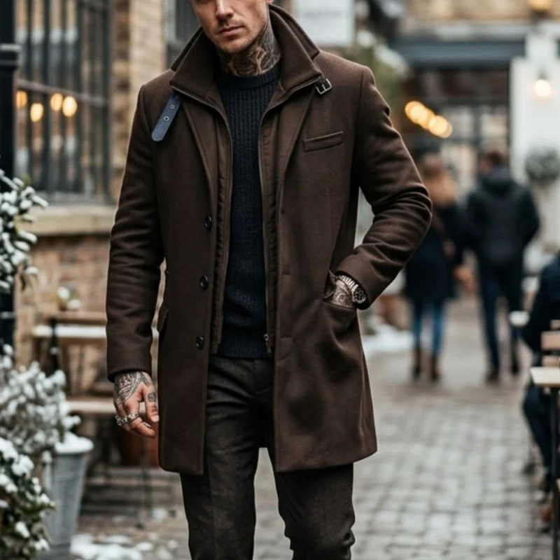 New Winter Men's Double-Layered Parka Long Warm Belted Jacke