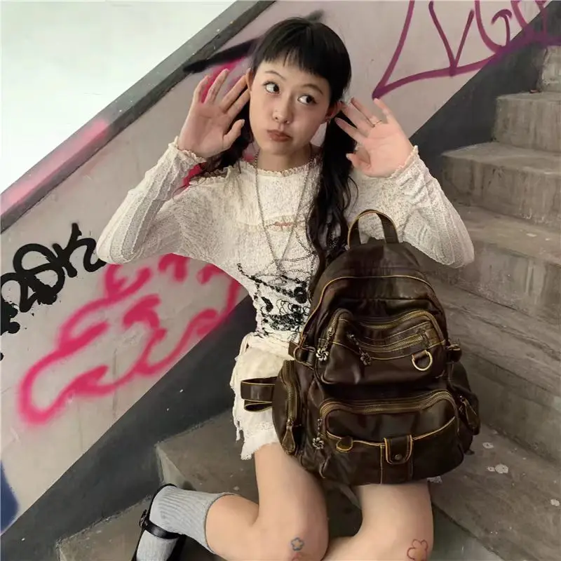 

Женский коричневый рюкзак Майяра, ретро рюкзак Y2k, большая вместимость, гранж, винтажная дорожная сумка, популярные школьные сумки в стиле панк для девочек