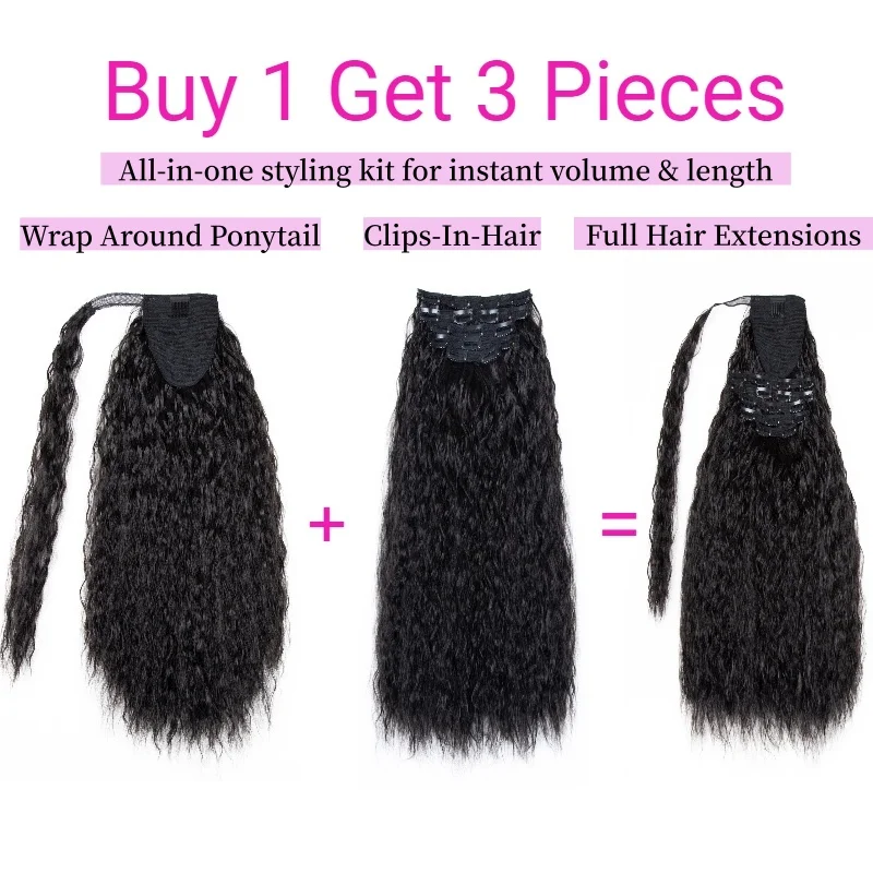 Lydia 6PCS/Set 20Inch All-In-One 17Clips-In Hair Extension Wrap Around Kinky Curly Synthetic Water Wavy Wig Ponytail Hairpieces