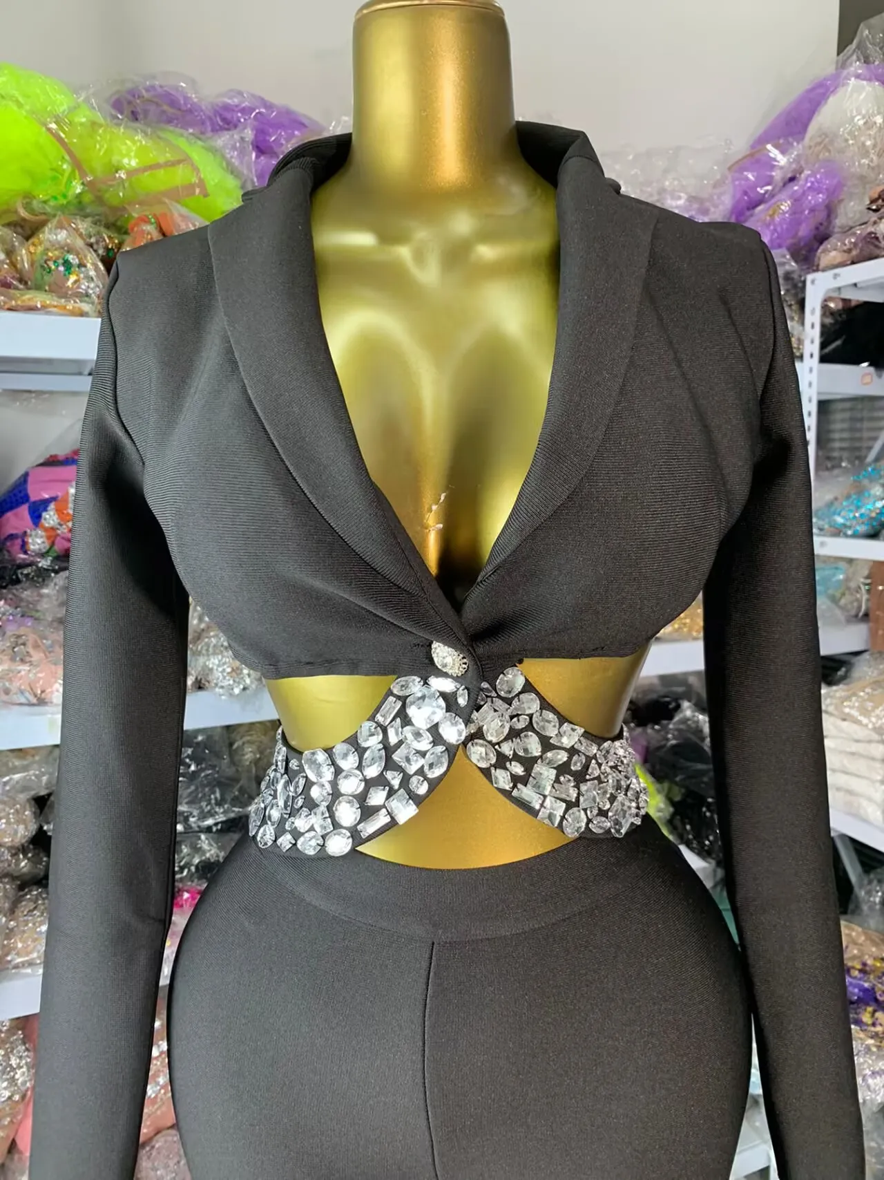 

Women Bandage Outfits Elastic Long Sleeve Diamonds Strap Cut Out Crop Top And Pants Two Pieces Sets Party Outfit
