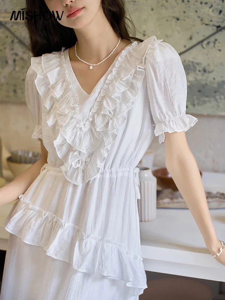 MISHOW French White Dress for Women 2023 Summer RUFFLES A-LINE Petal Sleeve V-Neck Sweet Waist Temperament Dresses MXC33L1376