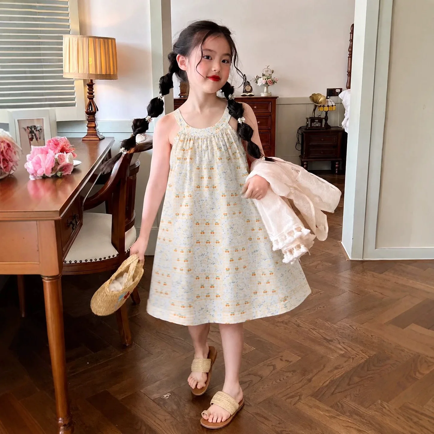 Girls Sleeveless Dress Baby Summer Cotton Silk Princess Strappy Dress Kids Stylish Floral Sleeveless Skirt