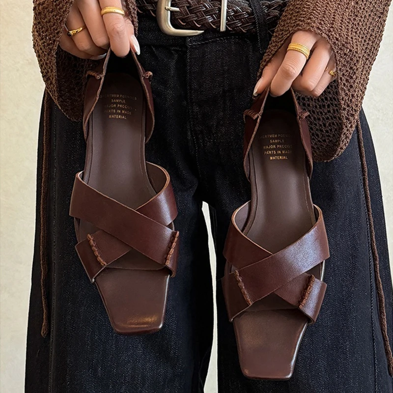 Women's new summer leather cowhide square toe low heel bag with high-end open toe retro fish mouth shoes fashion sandals