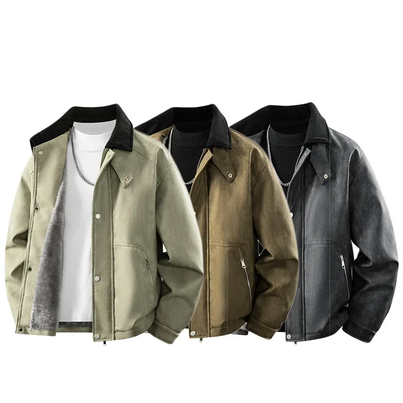 

Men's Fleece Lined PU Leather Jacket Loose Fit Warm Breathable Polyester Fiber Long Sleeve Hooded Coat for Middle-Aged Men